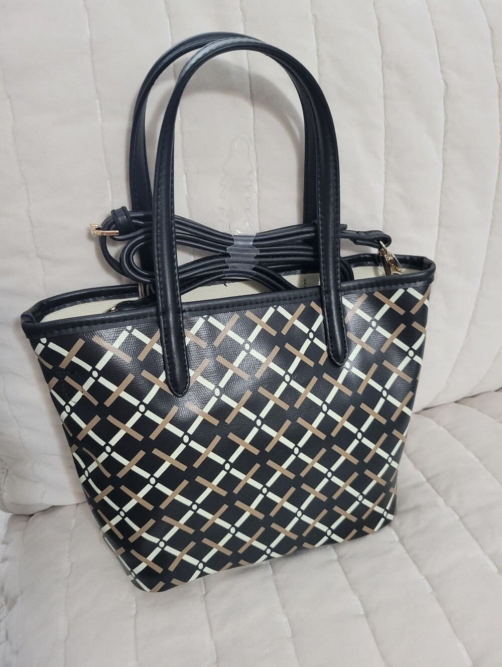 A New Day Black Patterned Tote Bag with Crosshatch Design